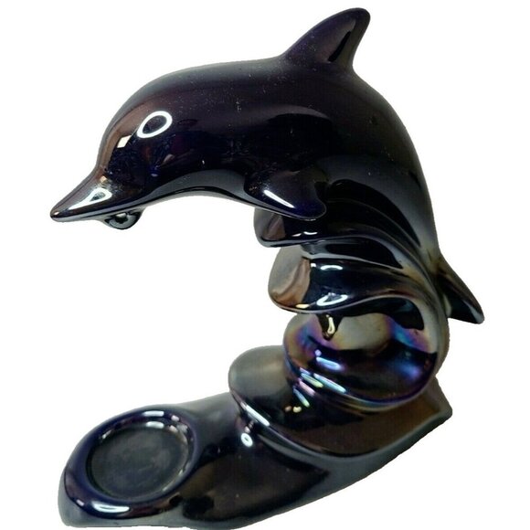 VTG Marex Porcelain Dolphin Statue Tealight Candle Holder Cobalt Blue Nautical - Picture 1 of 8